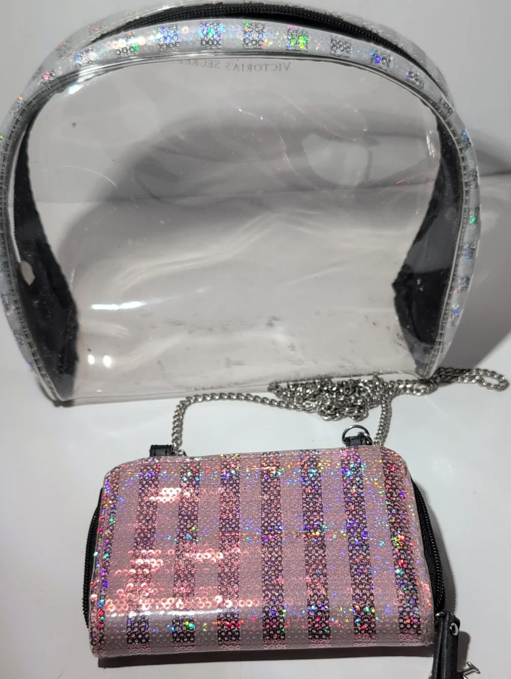 Victoria's Secret Pink Holographic Glitter Wallet with Clear Cosmetic Pouch